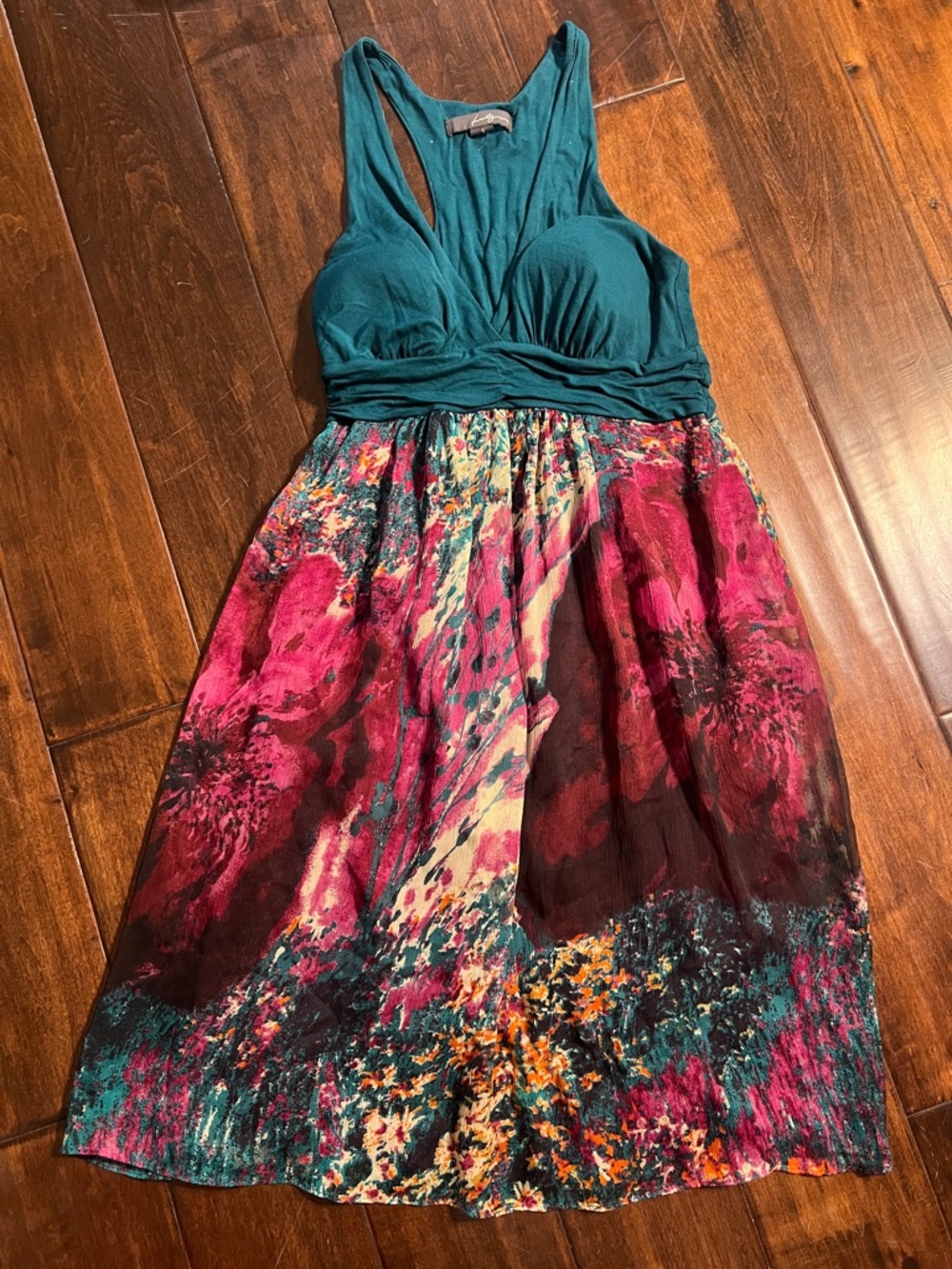 Late 2000s Y2K Forever 21 Floral Dress Green Pink Fit Flare Padded Size S